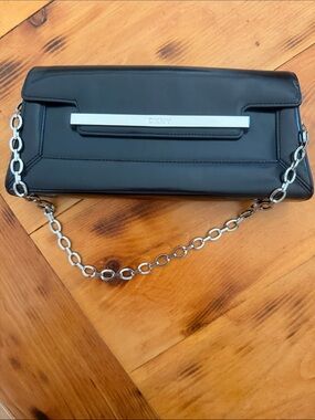 DKNY Black Leather Clutch with Silver Chain Detail